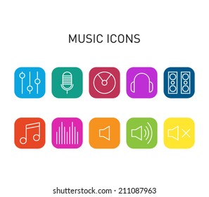 Set of music icons for smartphones, tablets, devices, user interface, applications. Equalizer, cd,  note, volume, headphones, microphone, speakers. Clean and modern style design