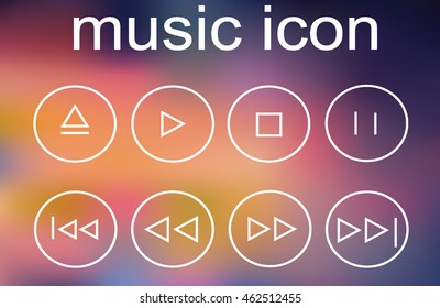 Set of music icons for smartphones, tablets, devices, user interface, applications. Equalizer, cd, note, volume, headphones, microphone, speakers. Clean and modern style design