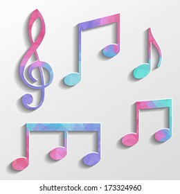 Set of music icons with triangles texture. Retro design elements of geometric shapes. Colourful vector music notes on paper background.