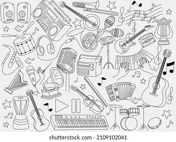 set of music instrument in doodle style