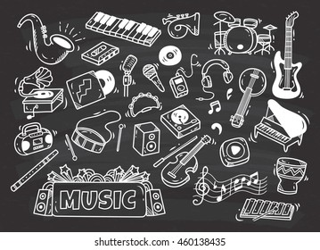 set of music instrument in doodle style on chalkboard background