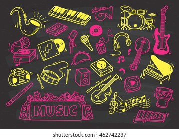 Set Of Music Instrument In Doodle Style On Chalkboard Background