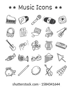 Set of Music Instrument Icons in Doodle Style Vector Illustration