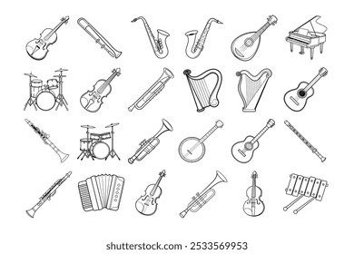 set of music instrument line art bundle