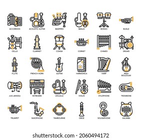 Set of Music Instrument thin line and pixel perfect icons for any web and app project. 