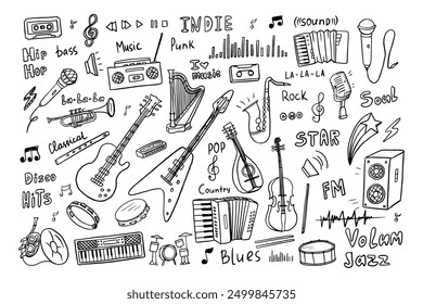 Set of music instruments in doodle style. Violin, harp, banjo, guitar electric, saxophone, flute, drum, accordion, xylophone, harmonica, tambourine, cymbals, synthesizer, record player, microphone.