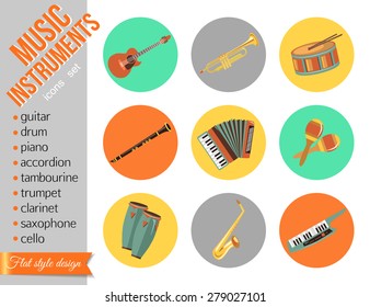 Set of music instruments. Flat style design. Vector illustration.