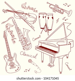 Set of Music Instruments, hand drawn in vector