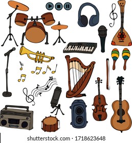 Set of Music Instruments - hand drawn in vector