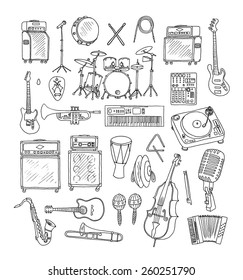 Set of Music Instruments. Hand drawn illustration in doodle style.Isolated