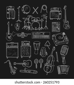 Set of Music Instruments. Hand drawn illustration in doodle style.Isolated