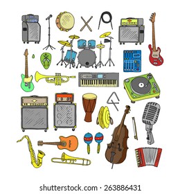 Set of Music Instruments. Hand drawn illustration in doodle style.Isolated