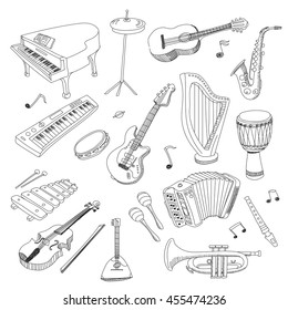 Set of Music Instruments - hand drawn vector