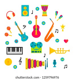 Set of music instruments on white background. Vector illustration in flat style