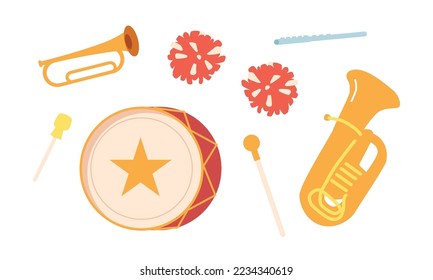 Set of Music Instruments for Orchestra. Horn, Tuba, Drum and Flute with Pompons and Conductor Stick Isolated on White Background. Musician Equipment Elements. Cartoon Vector Illustration