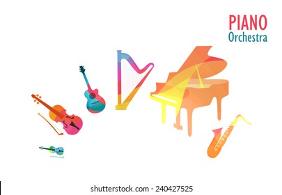 Set of Music Instruments in Piano Orchestra, Vector Illustration