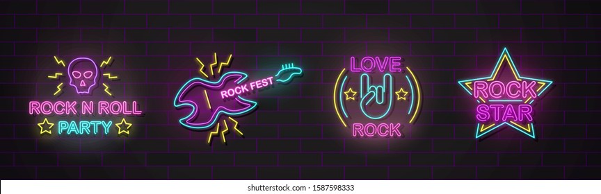 Set of music instruments and rock symbols in neon sign style realistic vector illustration isolated on dark wall background. Club or music event electric bright signboard.