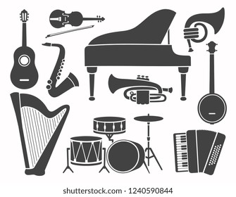 Set of Music Instruments silhouettes, black icons isolated on a white background, piano, violin, guitar, drums, banjo, vector illustration