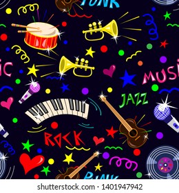 Set of music instruments, symbols drawn in doodle style. Lettering the words of music. Seamless pattern Vector Illustration