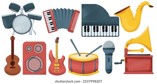 set of music instruments vector illustrations. fun and playful concept. hobby, interest, lifestyle, song, singer, sound,  themes