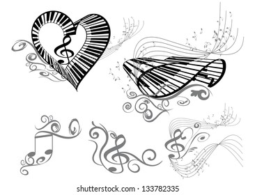 set of music key notes with piano keyboard