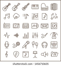 Set of music line icon set. Included the icons as instrument, musical, cassette,  setting, microphone, records and more.
customize color, stroke width control , easy resize.