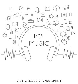 Set of music line icons with big headphone
