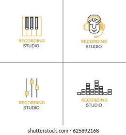 Set of music logo design template in linear style. Recording Studio Labels with mixing console, man with headphones and synth keys.