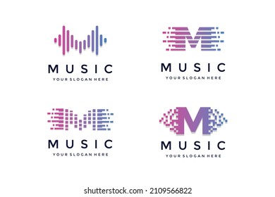 set of music logo templates Letter m with pulse, music player elements electronic music logo templates, equalizer, audio wave logo concept