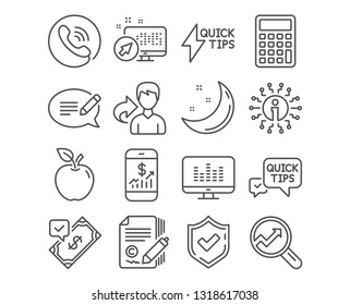 Set of Music making, Copywriting and Quickstart guide icons. Accepted payment, Mobile finance and Message signs. Analytics, Quick tips and Calculator symbols. Vector