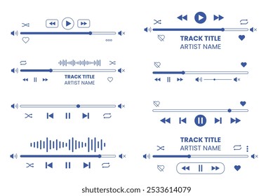 Set of music media player interface template. Music player vector design. Graphic mediaplayer panel template for mobile app. Modern playback of music application. Vector Illustration.