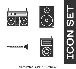 Set Music MP3 player, Home stereo with two speakers, Clarinet and Stereo speaker icon. Vector