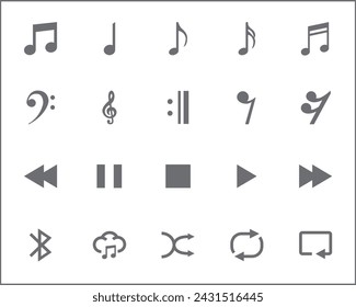 Conjunto de música y nota musical de estilo de línea de iconos. Contiene iconos como medios, sonido, multimedia, audio, musical, forma de onda y otros elementos.
