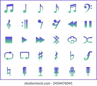 Set of music and music note cast Icons line style. Contains such Icons as media, sound, multimedia, audio, musical, waveform And Other Elements.