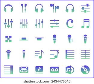Set of music and music note cast Icons line style. Contains such Icons as media, sound, multimedia, audio, musical, waveform And Other Elements.