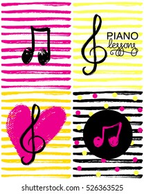 A set of music note icons and hand drawn heart. Music lessons logo.
Colorful music note background.
Vector illustration