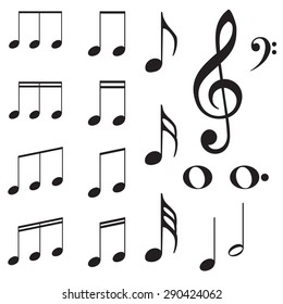 Set of music note silhouettes on white background.