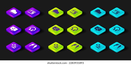 Set Music Note, Ton, Air Kopfhörer, Kopfhörer, Radio und Grand Piano Symbol. Vektorgrafik