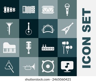 Set Music note, tone, Air headphones, Electric bass guitar, Drum, Banjo, and drum sticks, Xylophone and Tambourine icon. Vector