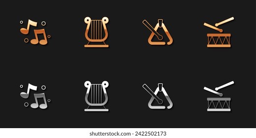 Set Music note, tone, Ancient Greek lyre, Triangle musical instrument and Drum with drum sticks icon. Vector