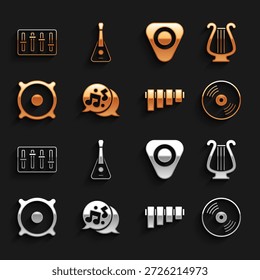 Set Music note, tone, Ancient lyre, Vinyl disk, Pan flute, Stereo speaker, Guitar pick, Sound mixer controller and  icon. Vector