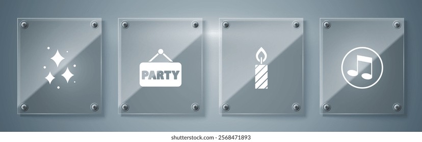 Set Music note, tone, Birthday cake candles, Signboard party and Firework. Square glass panels. Vector