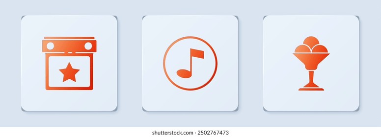 Set Music note, tone, Calendar party and Ice cream in bowl. White square button. Vector