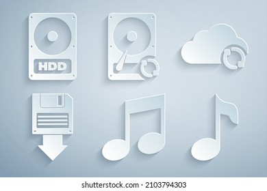 Set Music note, tone, Cloud sync refresh, Floppy disk backup, , Hard drive HDD and  icon. Vector