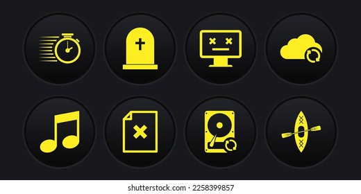 Set Music note, tone, Cloud sync refresh, Delete file document, Hard disk drive HDD, Dead monitor and Tombstone with cross icon. Vector