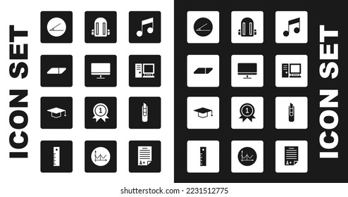 Set Music note, tone, Computer monitor screen, Eraser rubber, Acute angle, School backpack, Stationery knife and Graduation cap icon. Vector