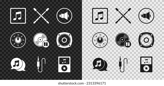 Set Music note, tone, Drum sticks, Speaker volume, Musical in speech bubble, Audio jack, player, Dial knob level technology settings and Vinyl disk icon. Vector