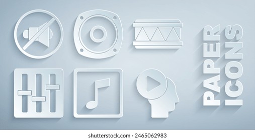 Set Music note, tone, Drum, Sound mixer controller, Head people with play button, Stereo speaker and Speaker mute icon. Vector