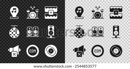 Set Music note, tone, Drums, wave equalizer, Speaker mute, EDM electronic dance music, Vinyl disk, Disco ball and Stereo speaker icon. Vector