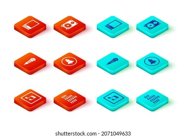Set Music note, tone, equalizer, Microphone, Speaker volume, Stereo speaker and Voice assistant icon. Vector